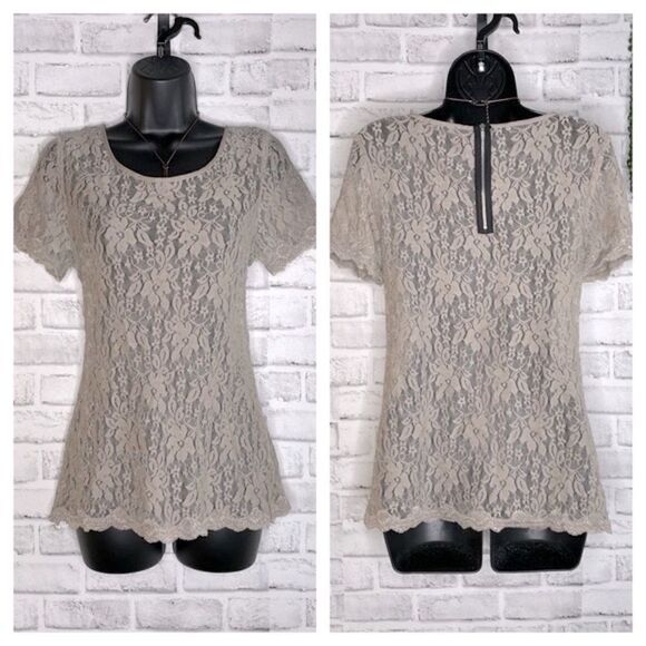 Express All Over Lace Khaki Top Short Sleeve Blouse - Picture 1 of 7